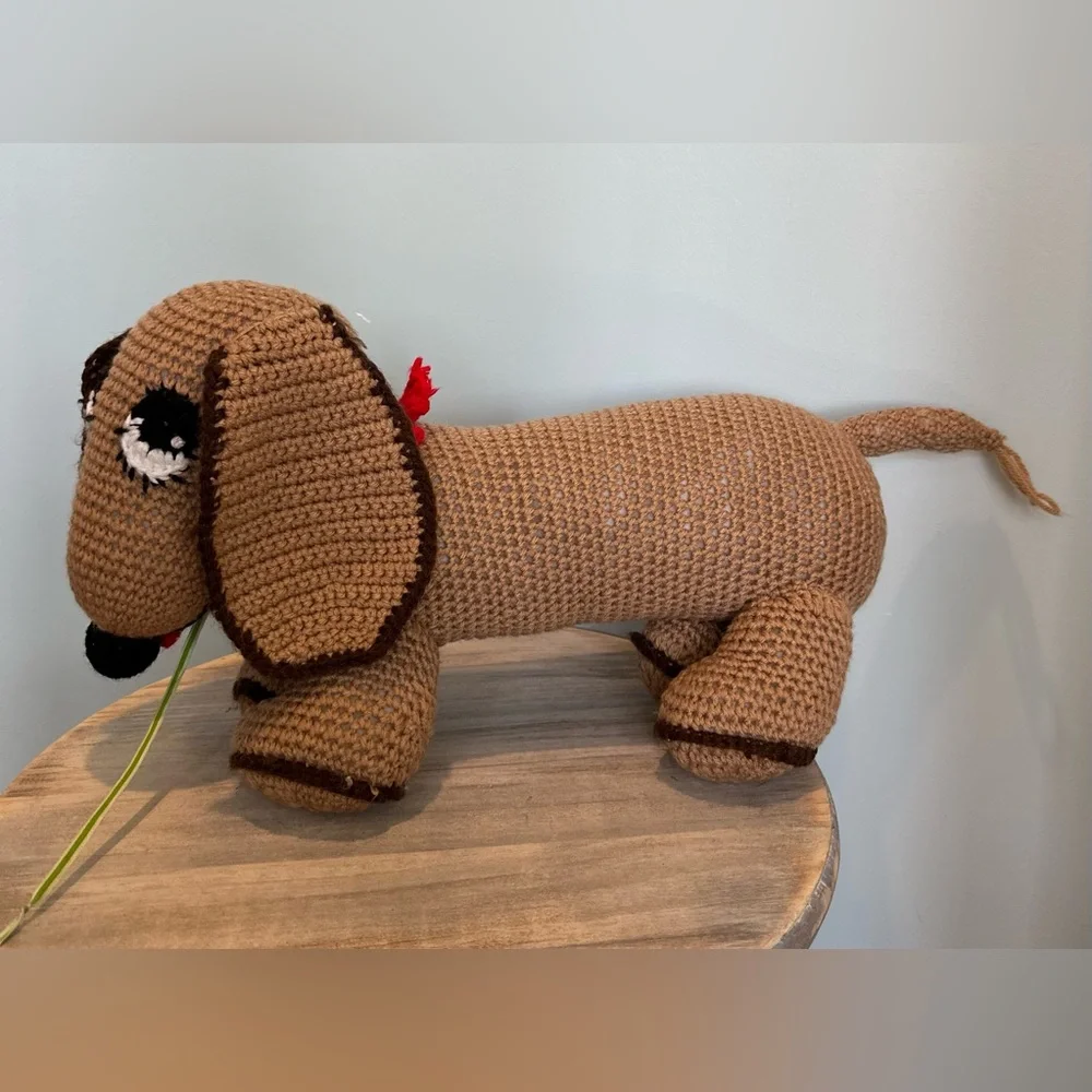 Handmade dachshund Holiday brown and black weenie dog with red collar crochet